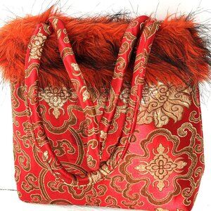 Oriental Fur Trimmed Small Bag Purse Hand Crafted